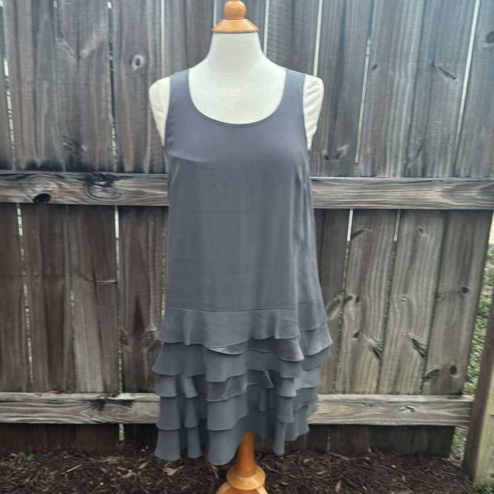 Garnet Hill Gray 100% Silk Soft Tiered Ruffle Sleeveless Slip Tank Dress size 8